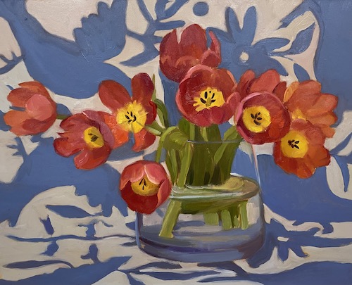 Red Tulips on Mexican Cloth 30x40cm 2023